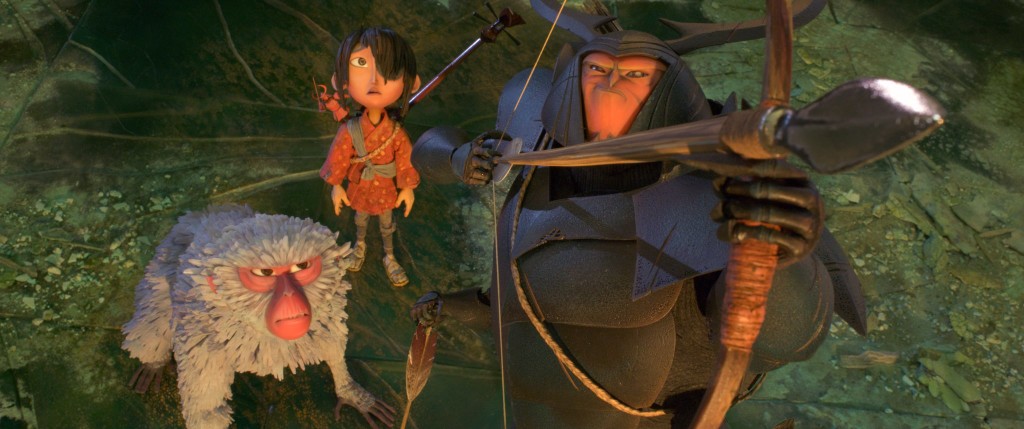 (l-r.) Kubo (voiced by Art Parkinson) gets a lift from his new friend and ally Beetle (Academy Award winner Matthew McConaughey) in animation studio LAIKA’s epic action-adventure KUBO AND THE TWO STRINGS, a Focus Features release. Credit: Laika Studios/Focus Features